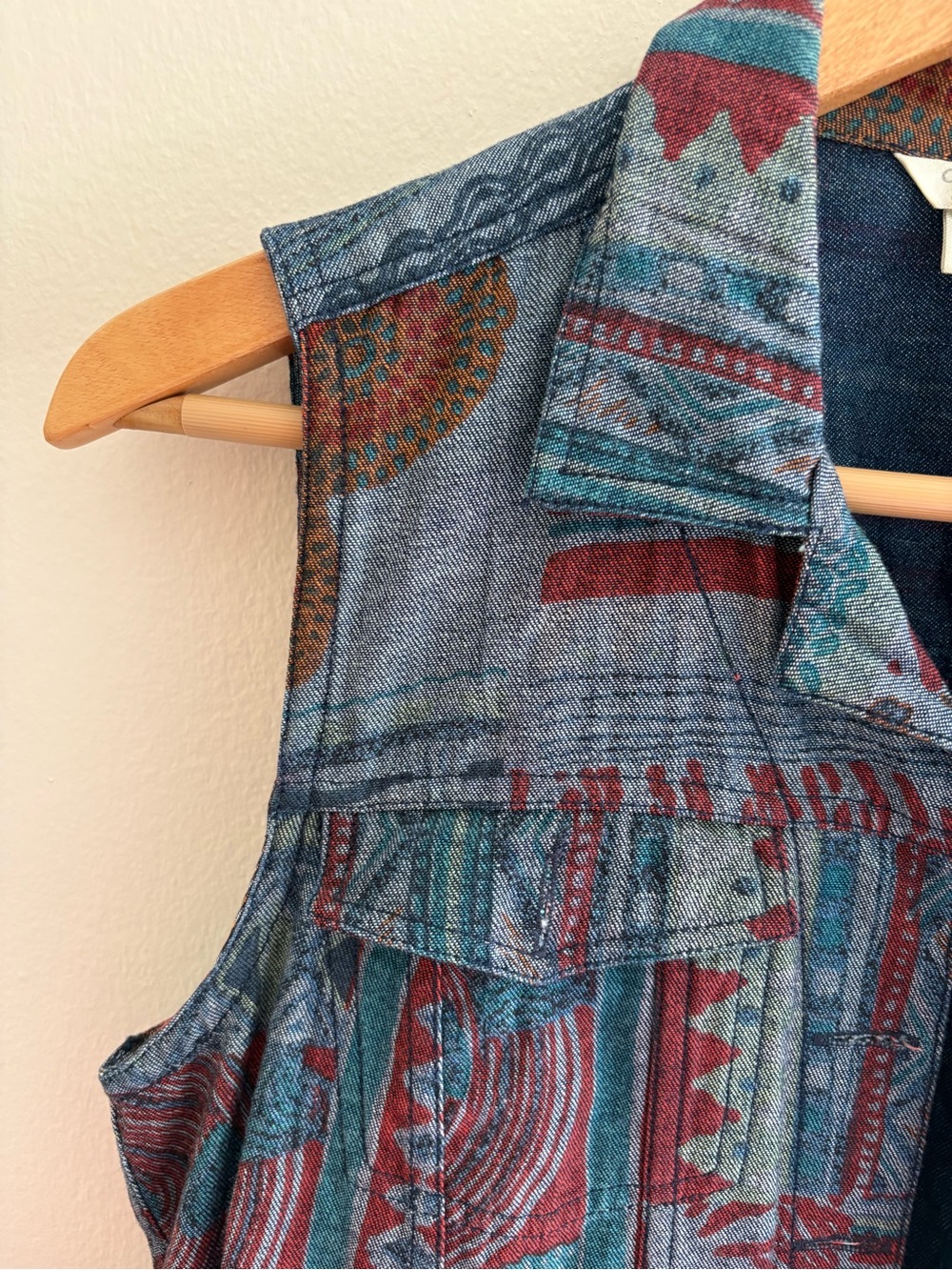 Vintage Christopher & Banks Sleeveless Printed Denim Vest in Teal & Rust